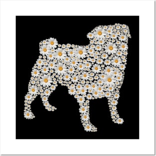 Pug Dog Print of White Daisy Flowers Posters and Art